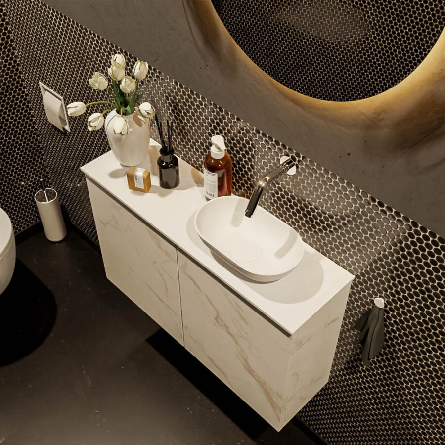 MONDIAZ FOWY toiletmeubel 80cm kleur Carrara. Waskom positie rechts kleur talc | talc. Zonder kraangat - Afbeelding 3