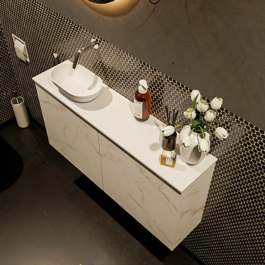MONDIAZ FOWY toiletmeubel 100cm kleur Carrara. Waskom positie links kleur talc | talc. Zonder kraangat - Afbeelding 3