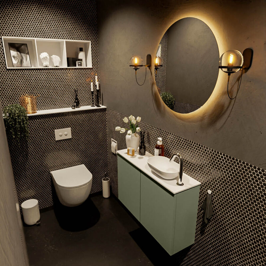 MONDIAZ FOWY toiletmeubel 80cm kleur army. Waskom positie rechts kleur talc | talc. Met 1 kraangat