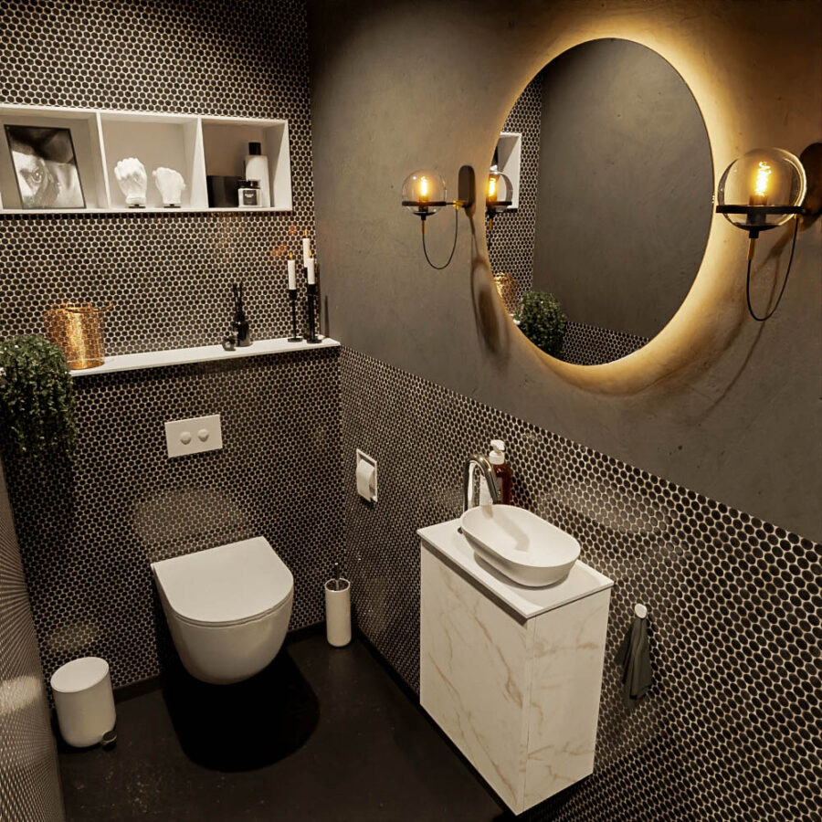 MONDIAZ FOWY toiletmeubel 40cm kleur Carrara. Waskom positie rechts kleur talc | talc. Met 1 kraangat