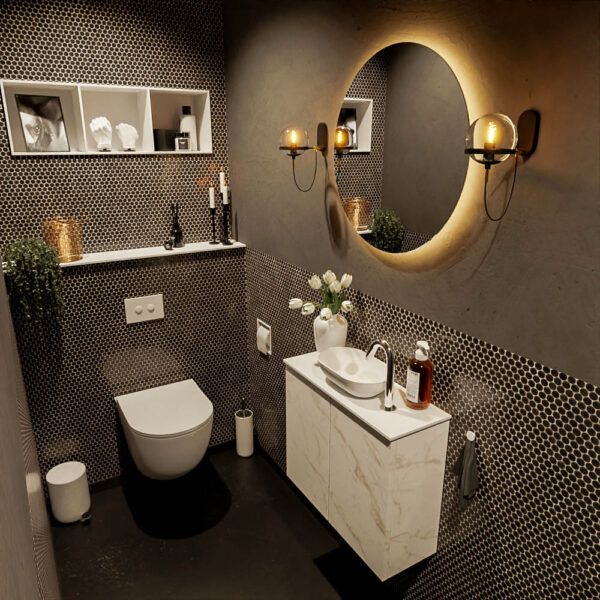 MONDIAZ FOWY toiletmeubel 60cm kleur Carrara. Waskom positie midden kleur talc | talc. Met 1 kraangat