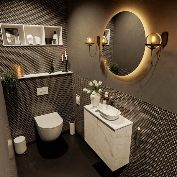 MONDIAZ FOWY toiletmeubel 60cm kleur Carrara. Waskom positie rechts kleur talc | talc. Zonder kraangat