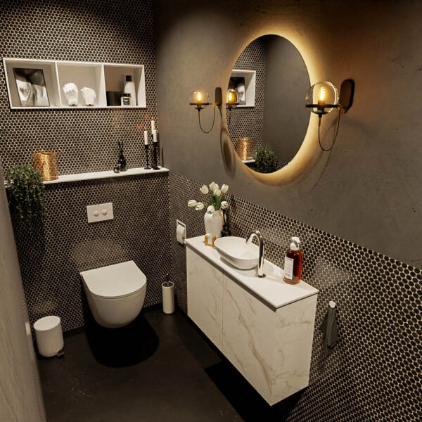 MONDIAZ FOWY toiletmeubel 80cm kleur Carrara. Waskom positie midden kleur talc | talc. Met 1 kraangat