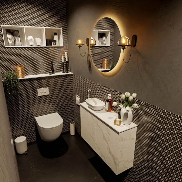 MONDIAZ FOWY toiletmeubel 80cm kleur Carrara. Waskom positie links kleur talc | talc. Met 1 kraangat