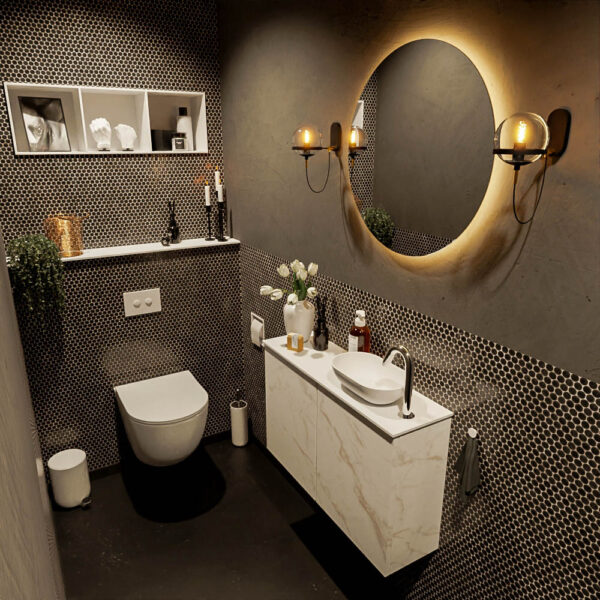 MONDIAZ FOWY toiletmeubel 80cm kleur Carrara. Waskom positie rechts kleur talc | talc. Met 1 kraangat