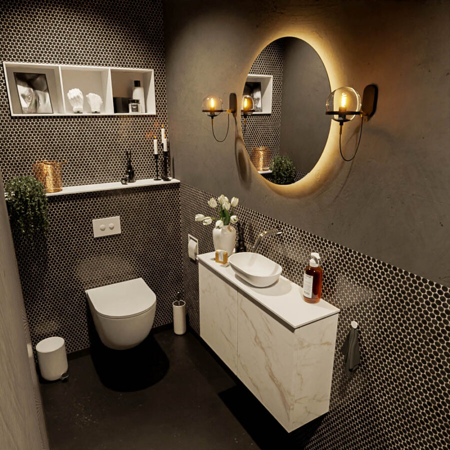 MONDIAZ FOWY toiletmeubel 80cm kleur Carrara. Waskom positie midden kleur talc | talc. Zonder kraangat