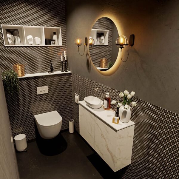 MONDIAZ FOWY toiletmeubel 80cm kleur Carrara. Waskom positie links kleur talc | talc. Zonder kraangat