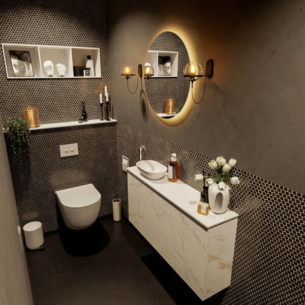MONDIAZ FOWY toiletmeubel 100cm kleur Carrara. Waskom positie links kleur talc | talc. Met 1 kraangat