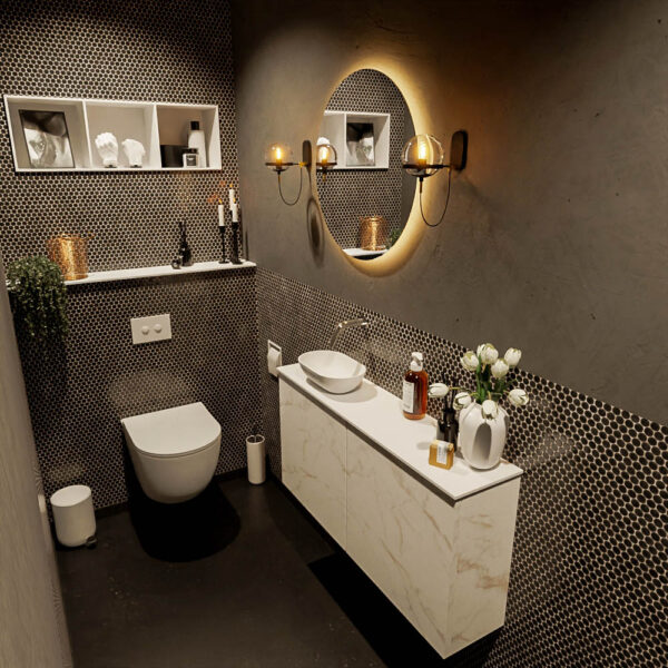 MONDIAZ FOWY toiletmeubel 100cm kleur Carrara. Waskom positie links kleur talc | talc. Zonder kraangat