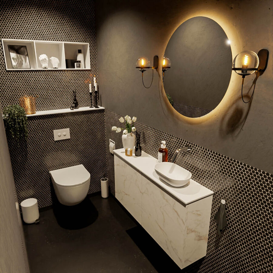 MONDIAZ FOWY toiletmeubel 100cm kleur Carrara. Waskom positie rechts kleur talc | talc. Zonder kraangat