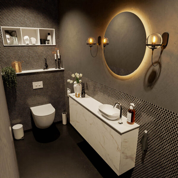 MONDIAZ FOWY toiletmeubel 120cm kleur Carrara. Waskom positie rechts kleur talc | talc. Met 1 kraangat