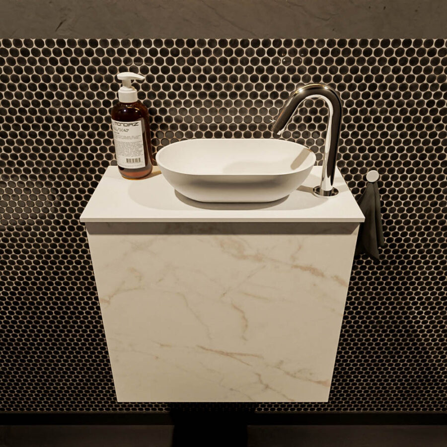 MONDIAZ FOWY toiletmeubel 50cm kleur Carrara. Waskom positie rechts kleur talc | talc. Met 1 kraangat - Afbeelding 2