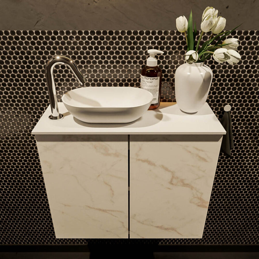 MONDIAZ FOWY toiletmeubel 60cm kleur Carrara. Waskom positie links kleur talc | talc. Met 1 kraangat - Afbeelding 2