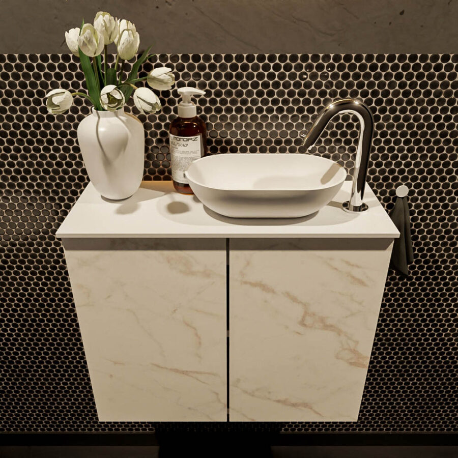 MONDIAZ FOWY toiletmeubel 60cm kleur Carrara. Waskom positie rechts kleur talc | talc. Met 1 kraangat - Afbeelding 2