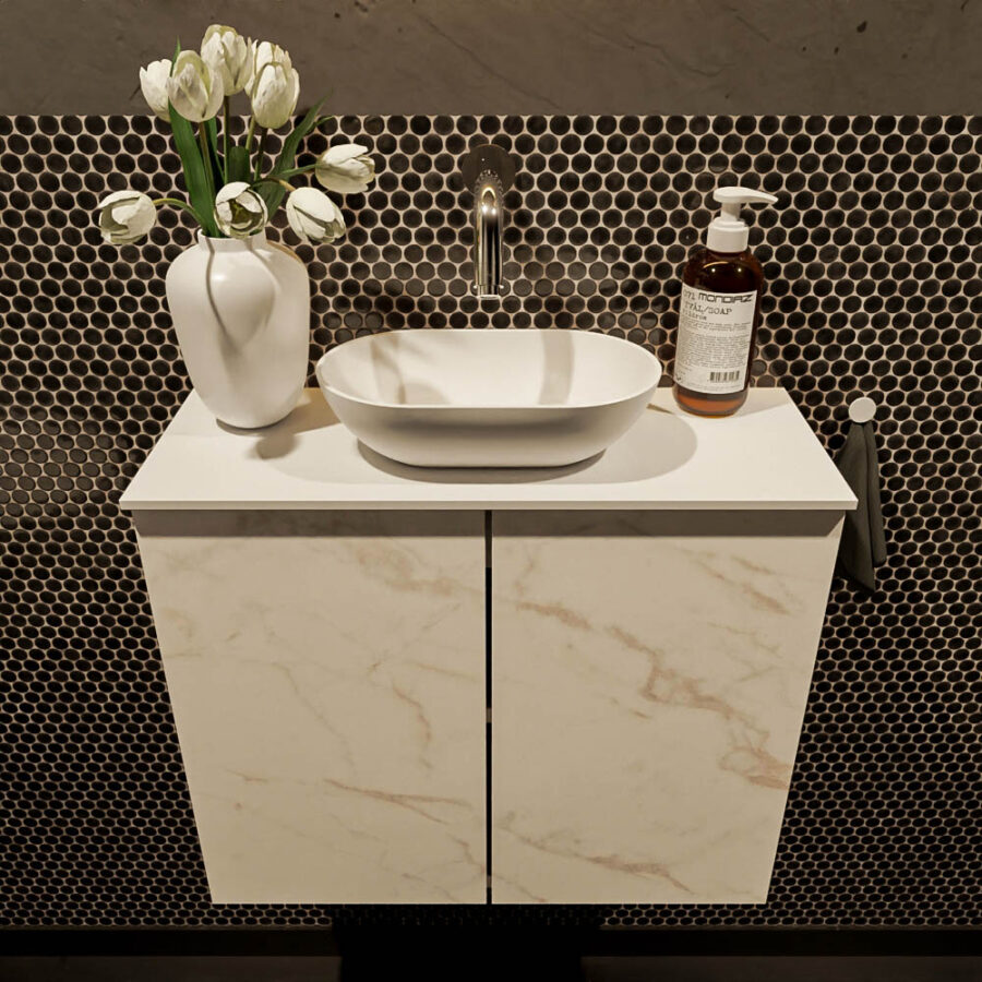 MONDIAZ FOWY toiletmeubel 60cm kleur Carrara. Waskom positie midden kleur talc | talc. Zonder kraangat - Afbeelding 2