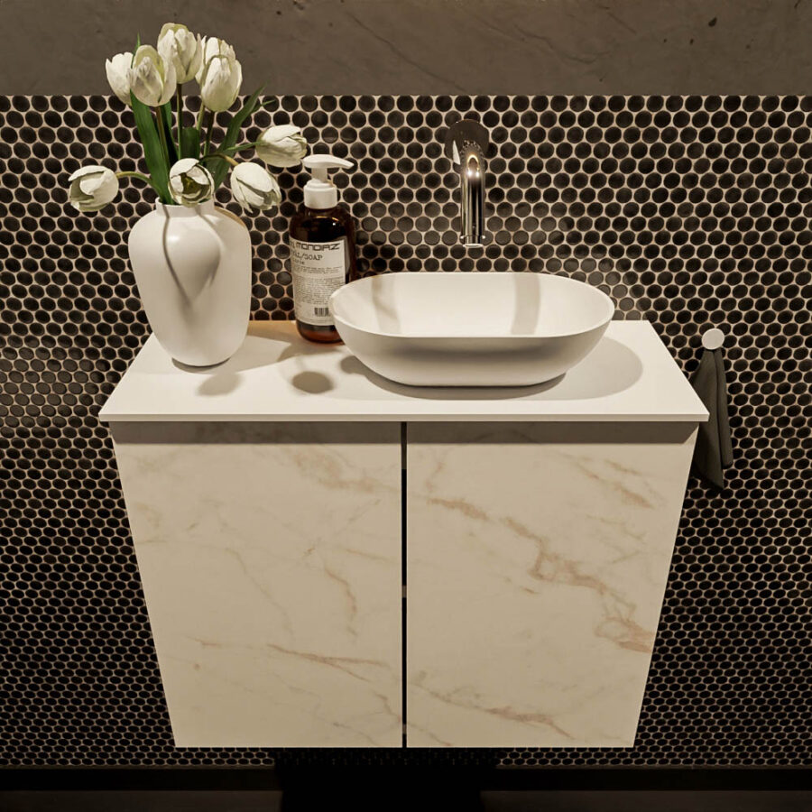 MONDIAZ FOWY toiletmeubel 60cm kleur Carrara. Waskom positie rechts kleur talc | talc. Zonder kraangat - Afbeelding 2