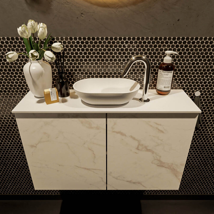 MONDIAZ FOWY toiletmeubel 80cm kleur Carrara. Waskom positie midden kleur talc | talc. Met 1 kraangat - Afbeelding 2