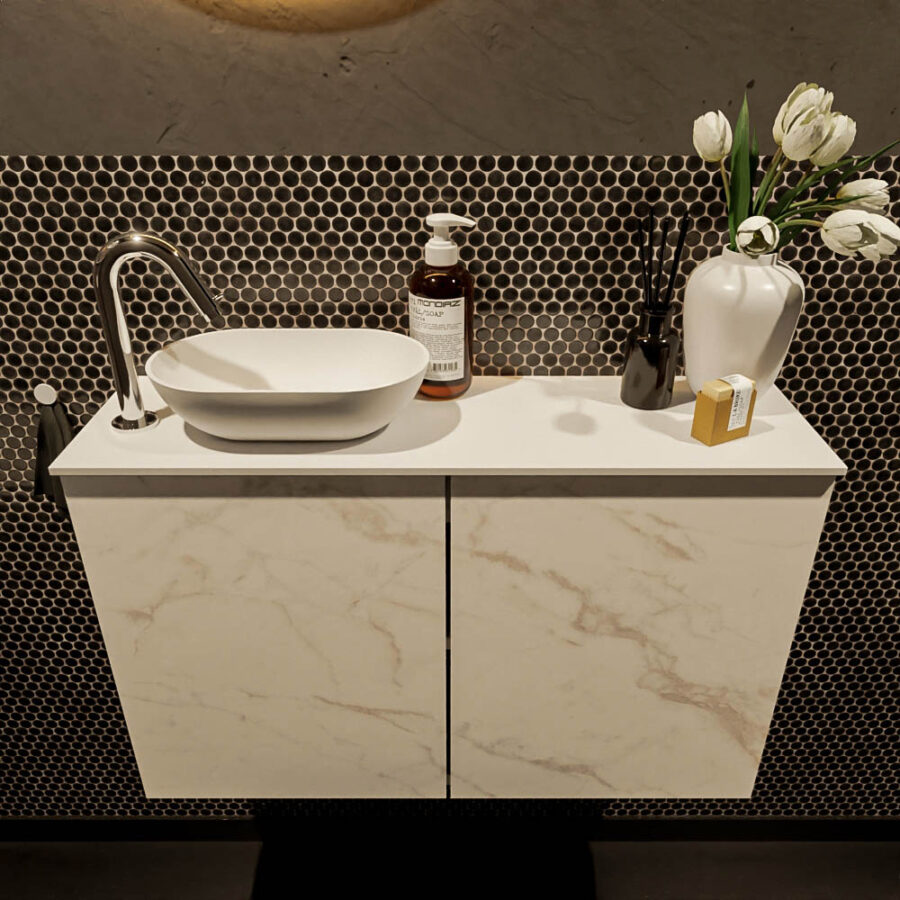 MONDIAZ FOWY toiletmeubel 80cm kleur Carrara. Waskom positie links kleur talc | talc. Met 1 kraangat - Afbeelding 2