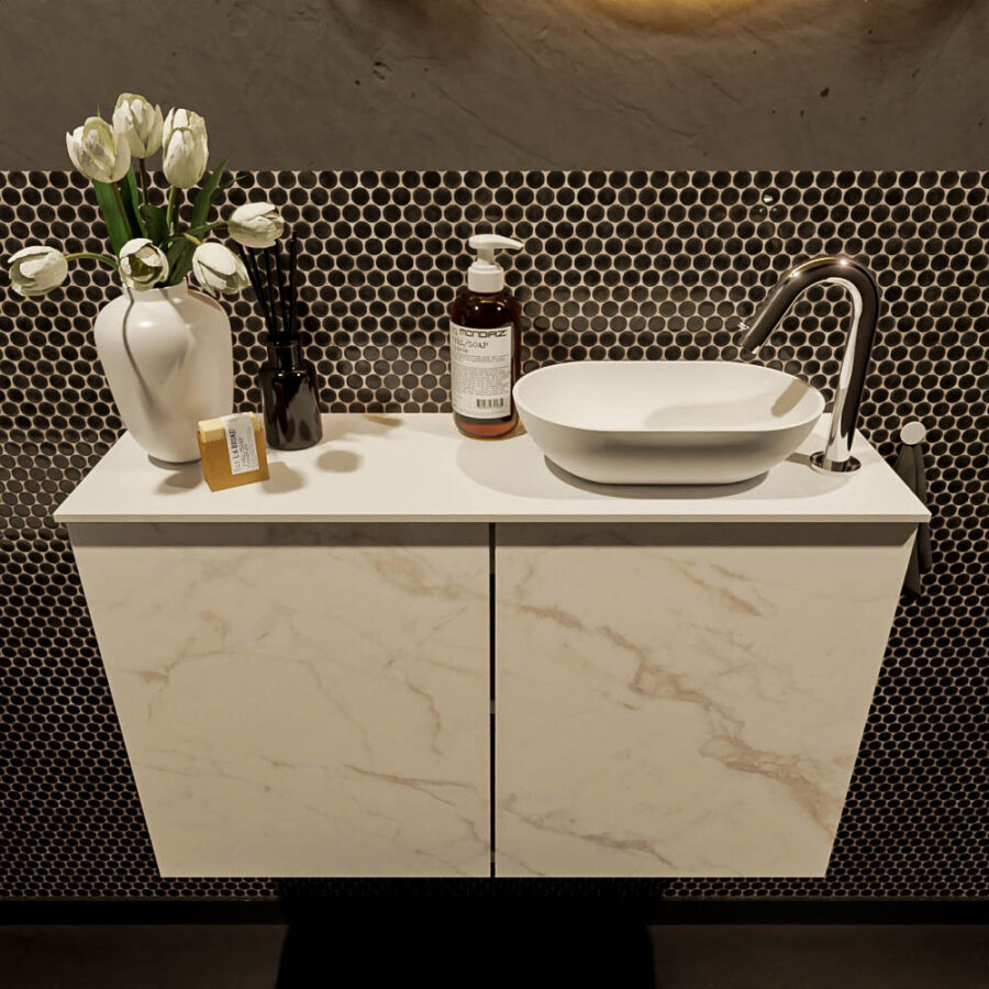 MONDIAZ FOWY toiletmeubel 80cm kleur Carrara. Waskom positie rechts kleur talc | talc. Met 1 kraangat - Afbeelding 2
