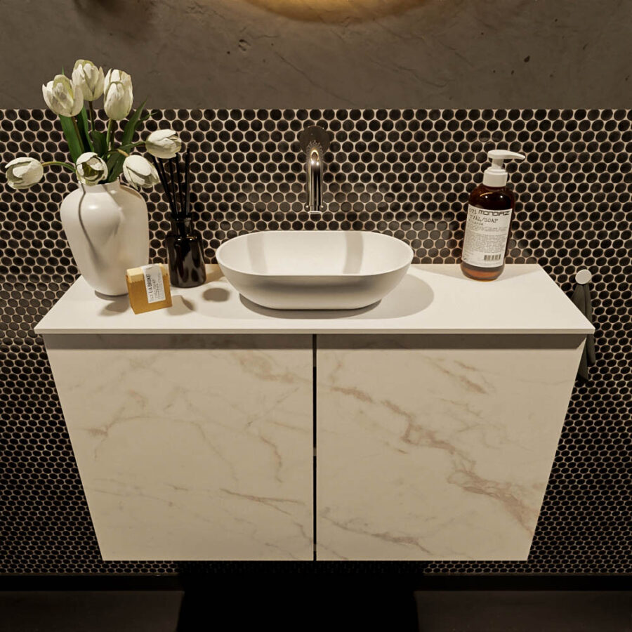 MONDIAZ FOWY toiletmeubel 80cm kleur Carrara. Waskom positie midden kleur talc | talc. Zonder kraangat - Afbeelding 2