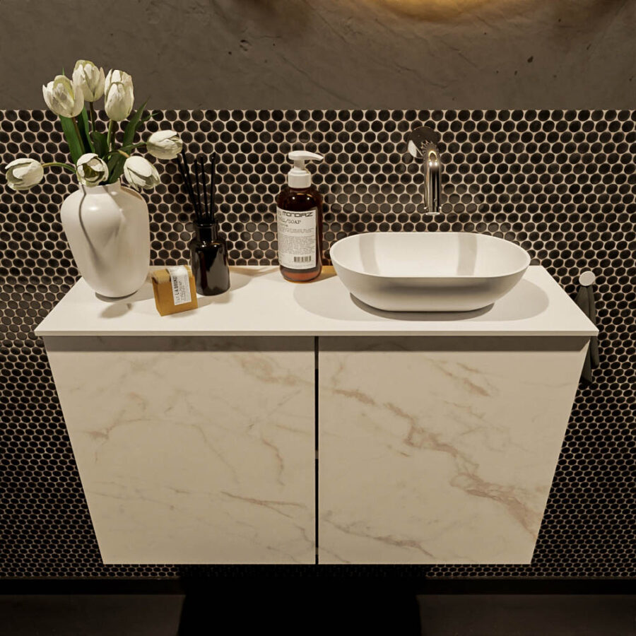MONDIAZ FOWY toiletmeubel 80cm kleur Carrara. Waskom positie rechts kleur talc | talc. Zonder kraangat - Afbeelding 2