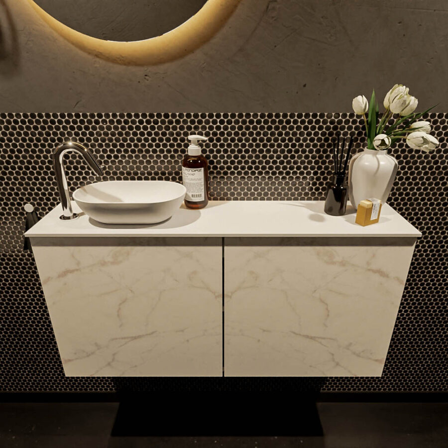 MONDIAZ FOWY toiletmeubel 100cm kleur Carrara. Waskom positie links kleur talc | talc. Met 1 kraangat - Afbeelding 2