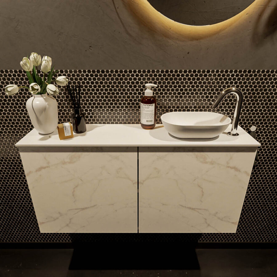 MONDIAZ FOWY toiletmeubel 100cm kleur Carrara. Waskom positie rechts kleur talc | talc. Met 1 kraangat - Afbeelding 2