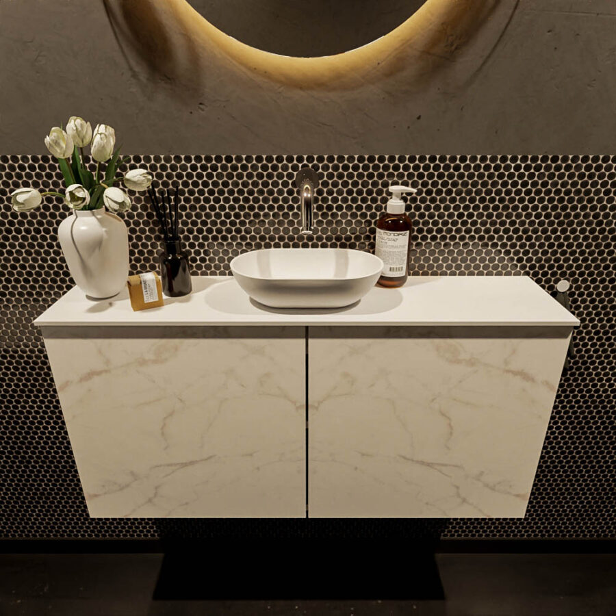 MONDIAZ FOWY toiletmeubel 100cm kleur Carrara. Waskom positie midden kleur talc | talc. Zonder kraangat - Afbeelding 2