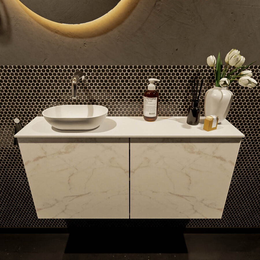 MONDIAZ FOWY toiletmeubel 100cm kleur Carrara. Waskom positie links kleur talc | talc. Zonder kraangat - Afbeelding 2