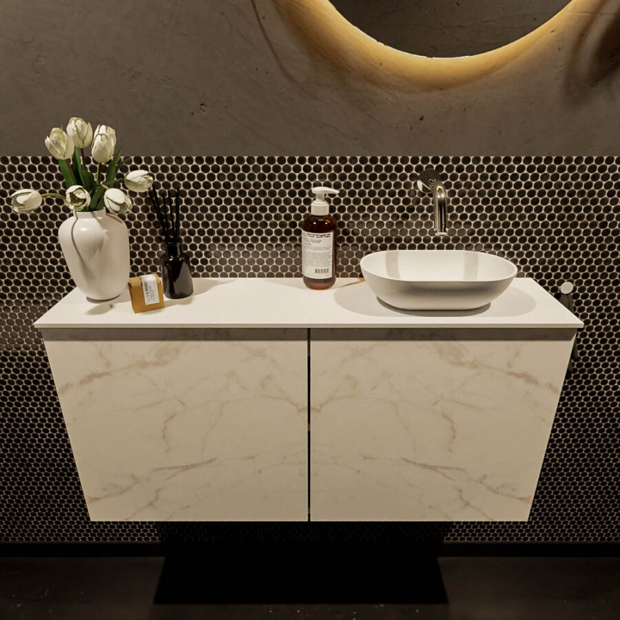 MONDIAZ FOWY toiletmeubel 100cm kleur Carrara. Waskom positie rechts kleur talc | talc. Zonder kraangat - Afbeelding 2