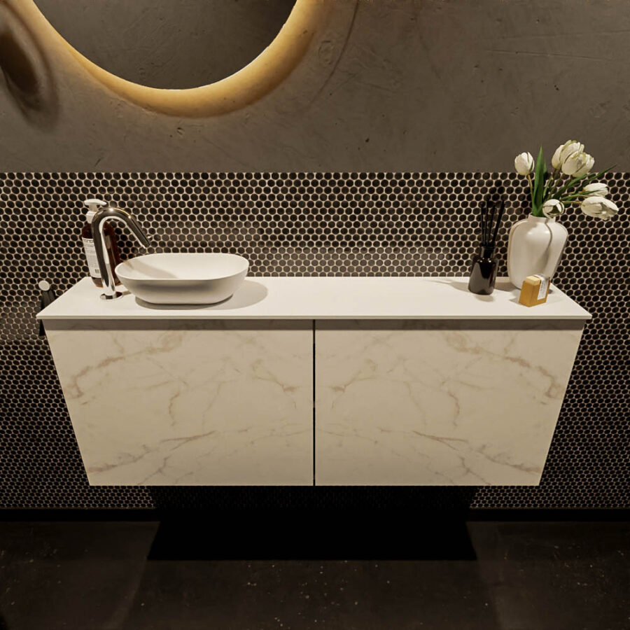 MONDIAZ FOWY toiletmeubel 120cm kleur Carrara. Waskom positie links kleur talc | talc. Met 1 kraangat - Afbeelding 2