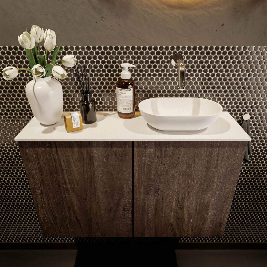 MONDIAZ FOWY toiletmeubel 80cm kleur dark brown. Waskom positie rechts kleur talc | talc. Zonder kraangat - Afbeelding 2