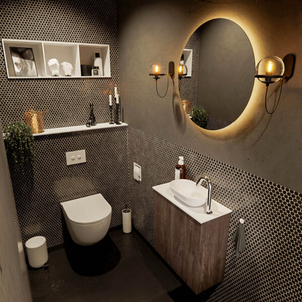 MONDIAZ FOWY toiletmeubel 50cm kleur dark brown. Waskom positie rechts kleur talc | talc. Met 1 kraangat