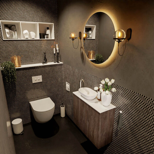 MONDIAZ FOWY toiletmeubel 60cm kleur dark brown. Waskom positie links kleur talc | talc. Met 1 kraangat