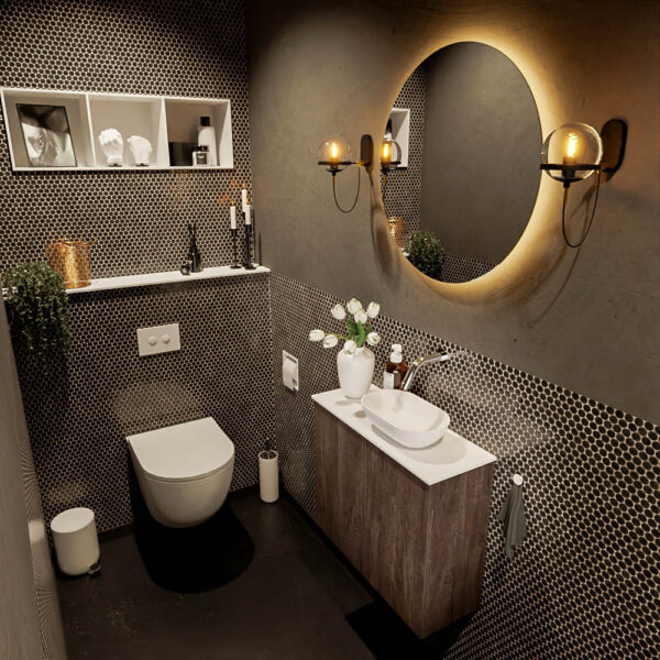 MONDIAZ FOWY toiletmeubel 60cm kleur dark brown. Waskom positie rechts kleur talc | talc. Zonder kraangat
