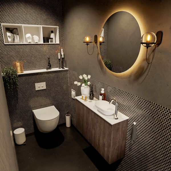 MONDIAZ FOWY toiletmeubel 80cm kleur dark brown. Waskom positie rechts kleur talc | talc. Met 1 kraangat