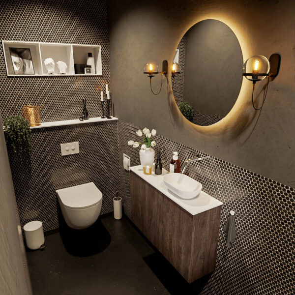 MONDIAZ FOWY toiletmeubel 80cm kleur dark brown. Waskom positie rechts kleur talc | talc. Zonder kraangat