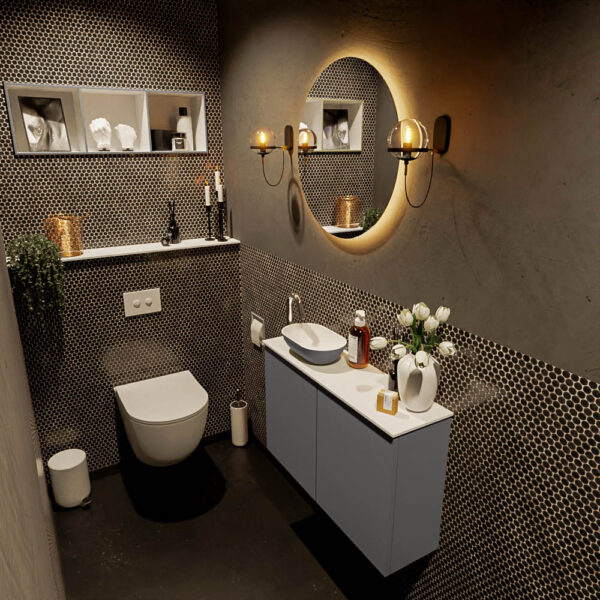 MONDIAZ FOWY toiletmeubel 80cm kleur dark grey. Waskom positie links kleur dark grey | talc. Met 1 kraangat