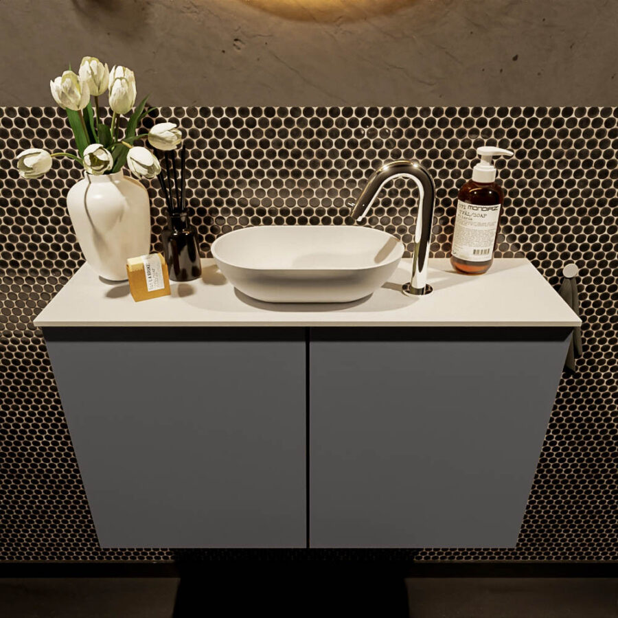 MONDIAZ FOWY toiletmeubel 80cm kleur dark grey. Waskom positie midden kleur talc | talc. Met 1 kraangat - Afbeelding 2