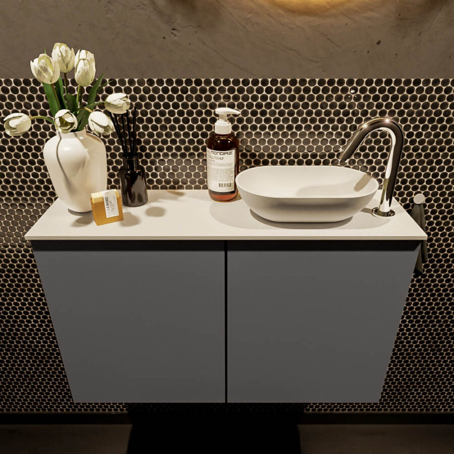 MONDIAZ FOWY toiletmeubel 80cm kleur dark grey. Waskom positie rechts kleur talc | talc. Met 1 kraangat - Afbeelding 2