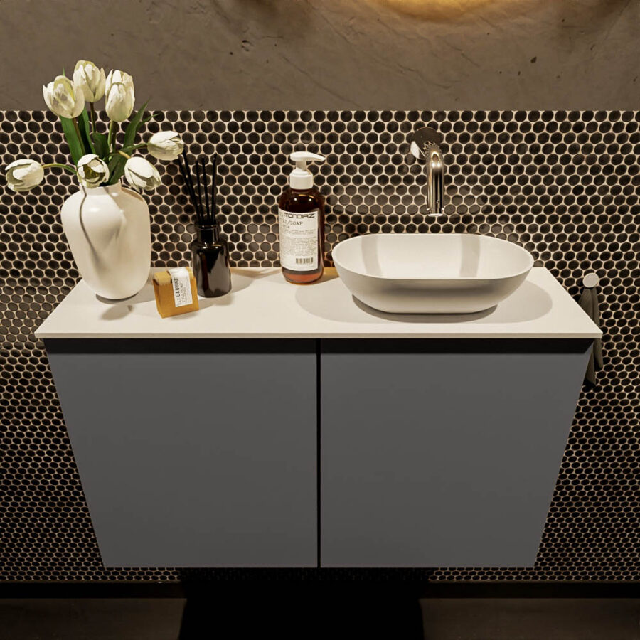 MONDIAZ FOWY toiletmeubel 80cm kleur dark grey. Waskom positie rechts kleur talc | talc. Zonder kraangat - Afbeelding 2