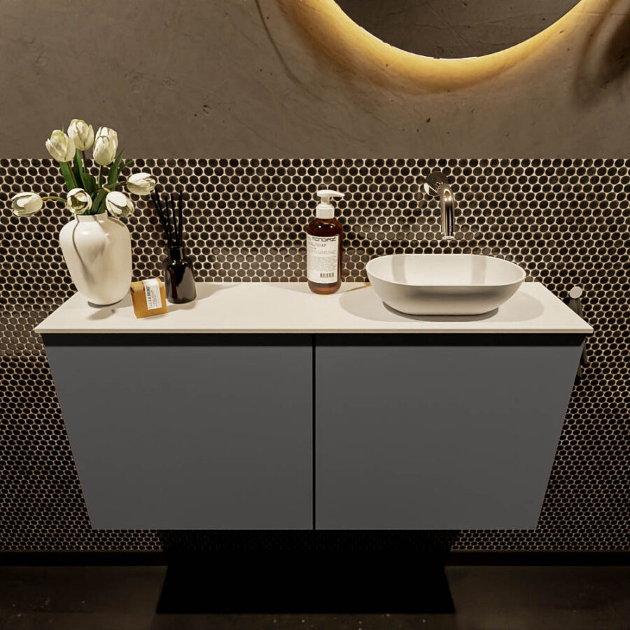 MONDIAZ FOWY toiletmeubel 100cm kleur dark grey. Waskom positie rechts kleur talc | talc. Zonder kraangat - Afbeelding 2