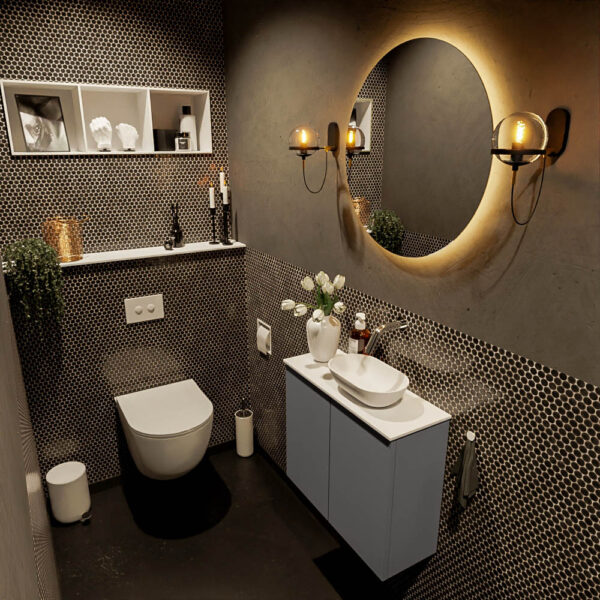 MONDIAZ FOWY toiletmeubel 60cm kleur dark grey. Waskom positie rechts kleur talc | talc. Zonder kraangat