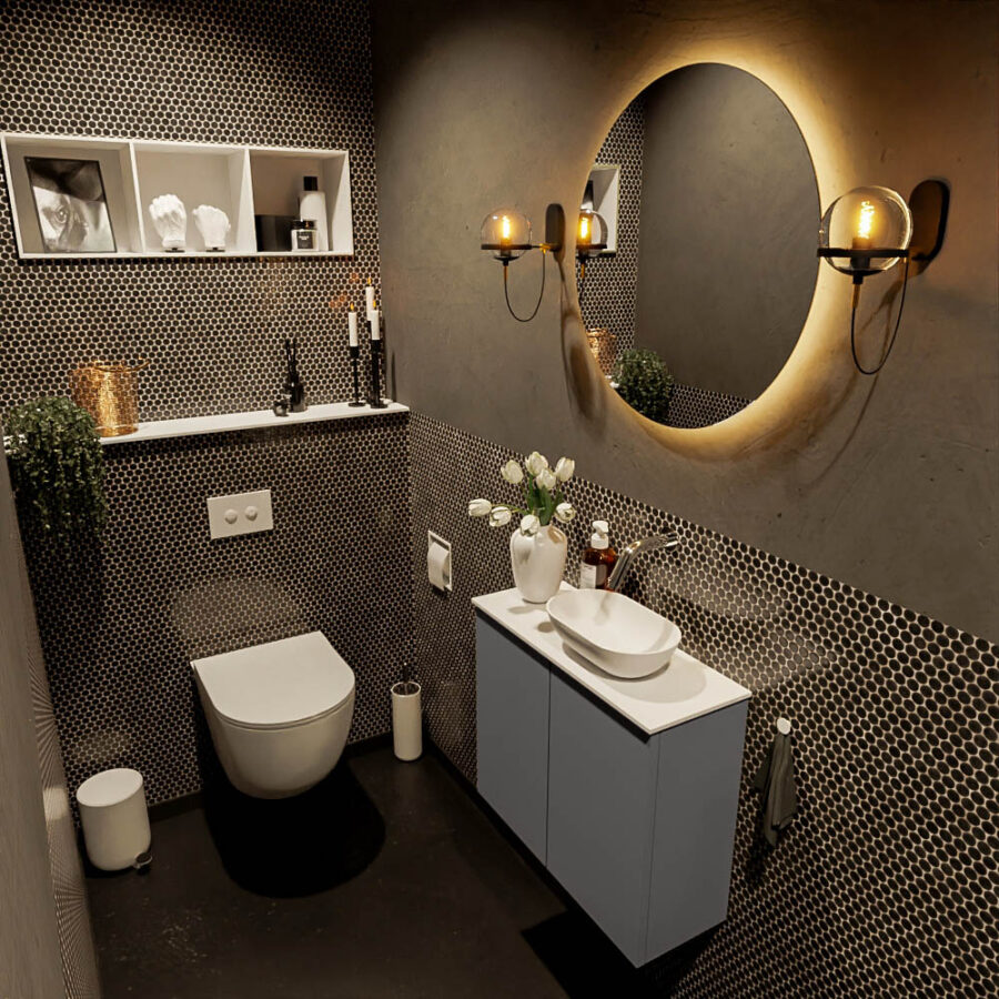 MONDIAZ FOWY toiletmeubel 60cm kleur dark grey. Waskom positie rechts kleur talc | talc. Zonder kraangat