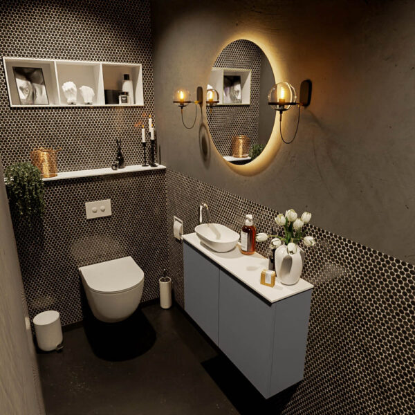 MONDIAZ FOWY toiletmeubel 80cm kleur dark grey. Waskom positie links kleur talc | talc. Met 1 kraangat