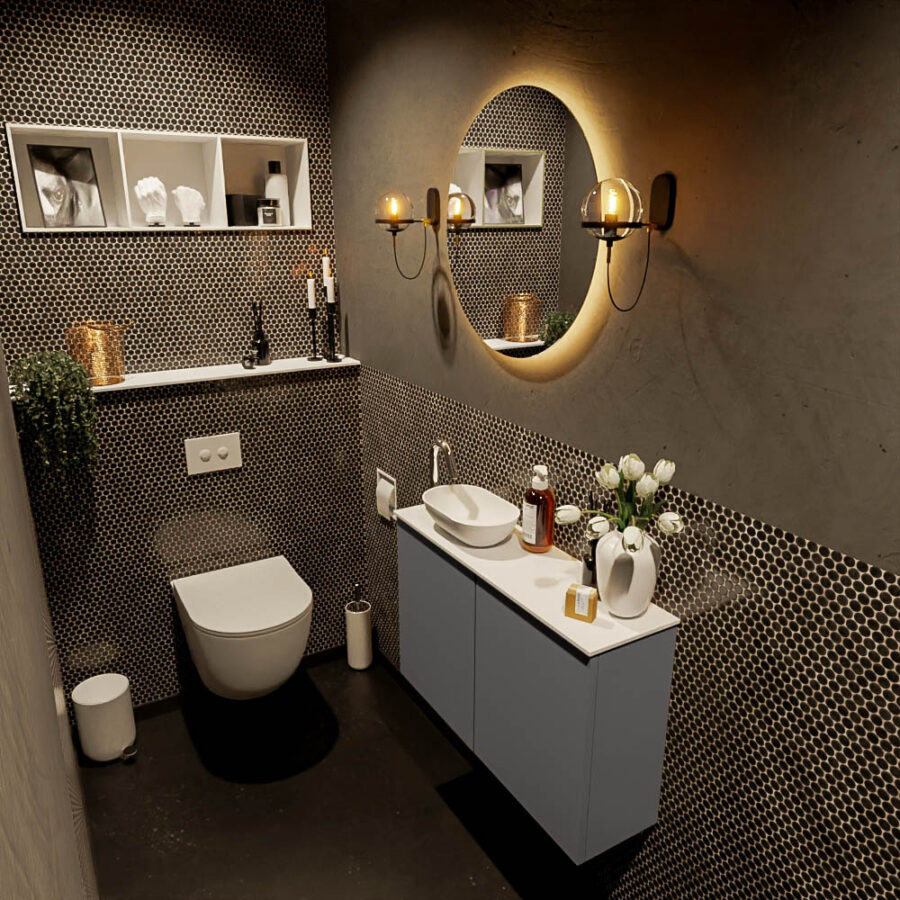 MONDIAZ FOWY toiletmeubel 80cm kleur dark grey. Waskom positie links kleur talc | talc. Met 1 kraangat