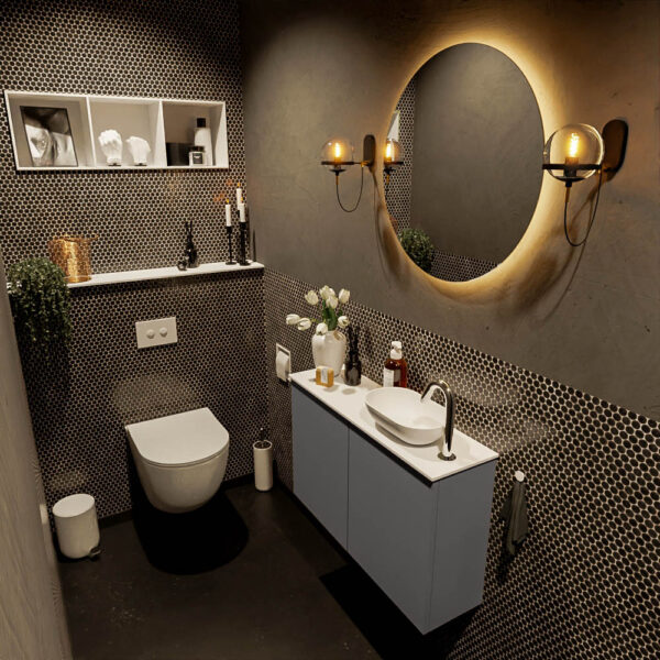 MONDIAZ FOWY toiletmeubel 80cm kleur dark grey. Waskom positie rechts kleur talc | talc. Met 1 kraangat