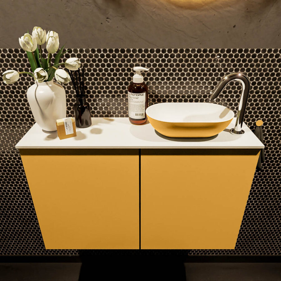 MONDIAZ FOWY toiletmeubel 80cm kleur ocher. Waskom positie rechts kleur ocher | talc. Met 1 kraangat - Afbeelding 2