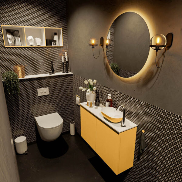 MONDIAZ FOWY toiletmeubel 80cm kleur ocher. Waskom positie rechts kleur ocher | talc. Met 1 kraangat