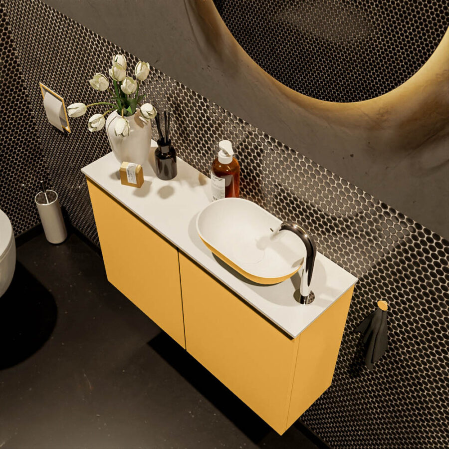 MONDIAZ FOWY toiletmeubel 80cm kleur ocher. Waskom positie rechts kleur ocher | talc. Met 1 kraangat - Afbeelding 3